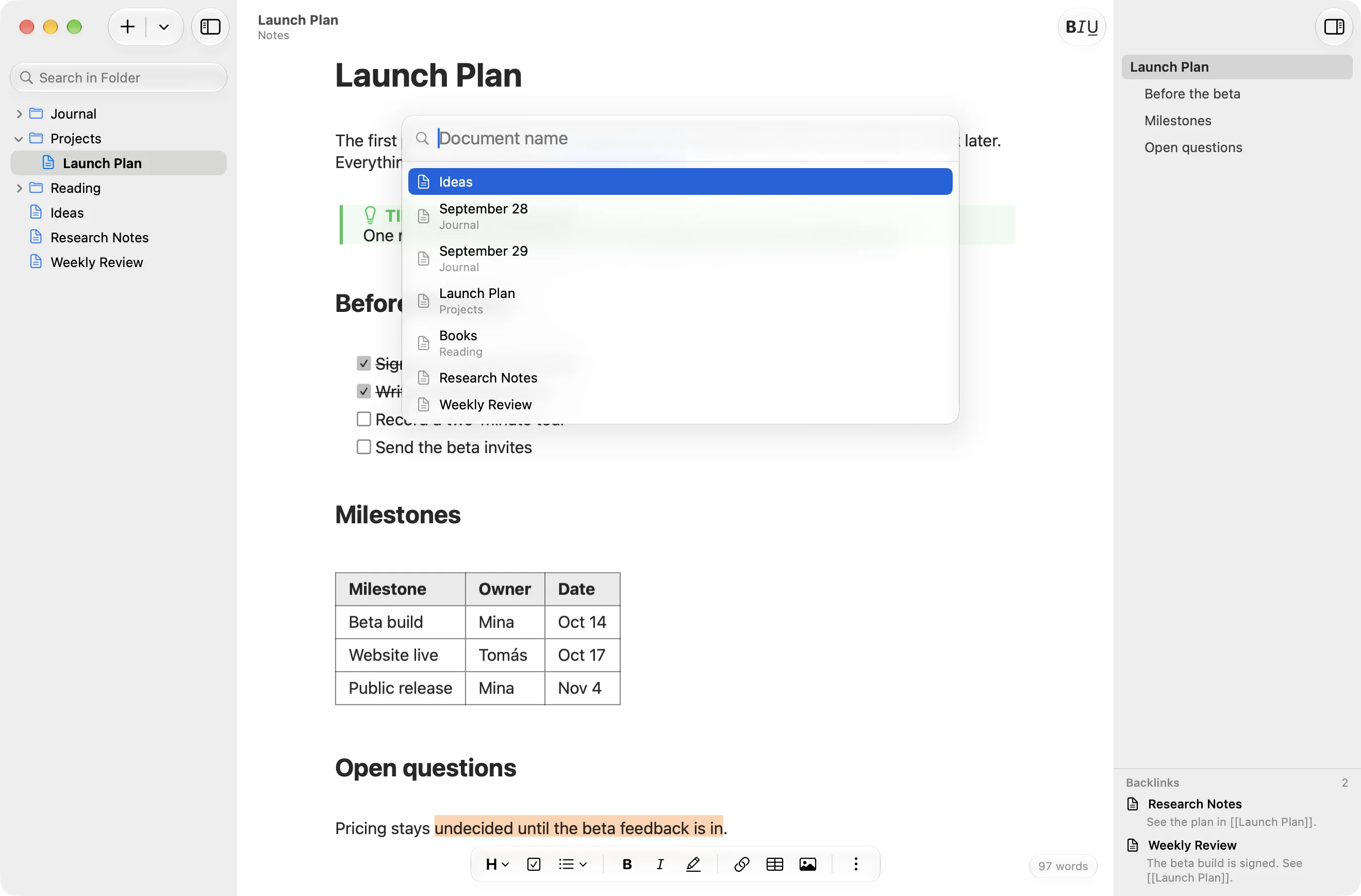 The Open Quickly panel listing documents.
