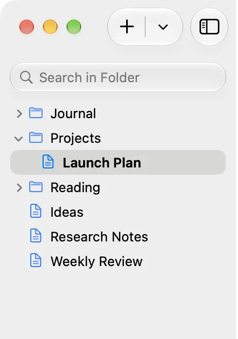 The folder sidebar with documents and subfolders.